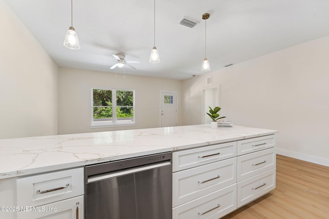 989 Butler Ave, Saint Augustine, FL 32084 - kitchen featuring stainless steel dishwasher, white cabinetry, ceiling fan, light wood-style flooring, and decorative light fixtures
