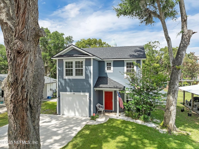 724 N Pine Ave, Green Cove Springs, FL 32043 - traditional-style house with roof with shingles, an attached garage, concrete driveway, and a front yard