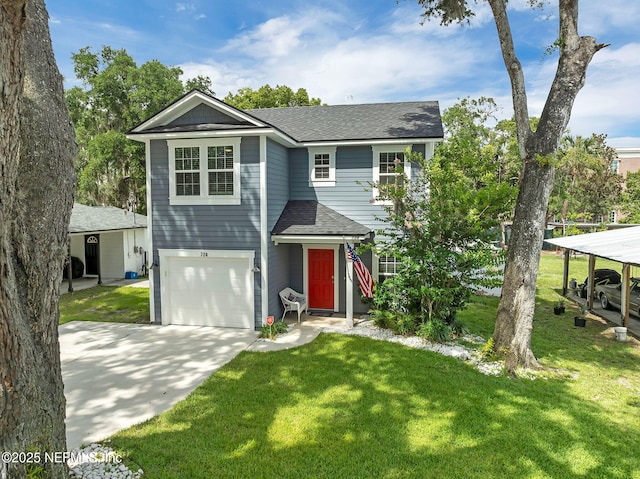 724 N Pine Ave, Green Cove Springs, FL 32043 - traditional-style house featuring a garage, roof with shingles, a front lawn, and driveway