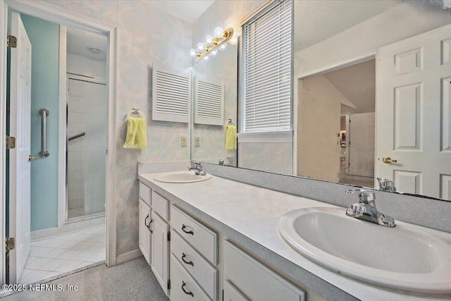 1121 Linkside Ct E, Atlantic Beach, FL 32233 - bathroom featuring double vanity and a shower stall