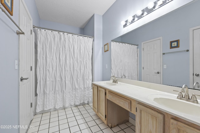 1419 Linkside Dr, Atlantic Beach, FL 32233 - full bathroom with double vanity, tile patterned flooring, a shower with curtain, and a textured ceiling