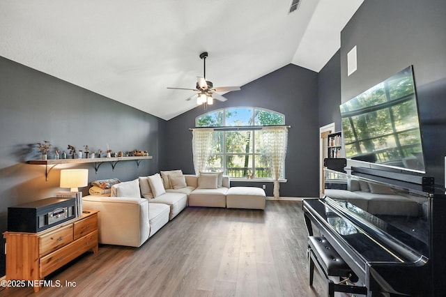 14410 Pelican Bay Ct, Jacksonville, FL 32224 - living room with ceiling fan, vaulted ceiling, and wood finished floors