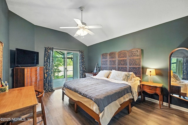 14410 Pelican Bay Ct, Jacksonville, FL 32224 - bedroom featuring vaulted ceiling, wood finished floors, access to exterior, and a ceiling fan