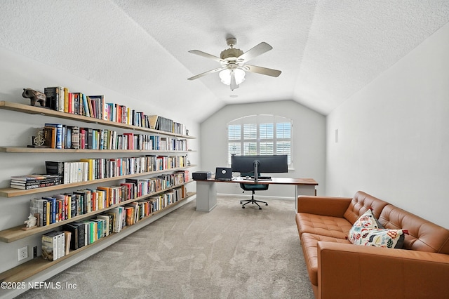 14410 Pelican Bay Ct, Jacksonville, FL 32224 - office with carpet flooring, ceiling fan, lofted ceiling, and a textured ceiling