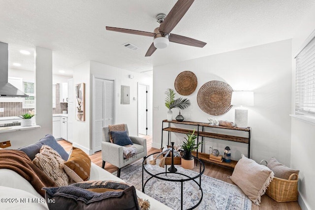 2571 Montreal St, Jacksonville, FL 32233 - living room with light wood-style flooring, ceiling fan, a textured ceiling, plenty of natural light, and electric panel