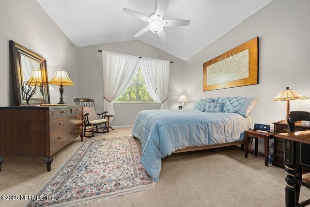 814 Copperhead Cir, Saint Augustine, FL 32092 - bedroom with light carpet, vaulted ceiling, and ceiling fan