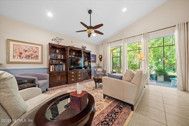 814 Copperhead Cir, Saint Augustine, FL 32092 - tiled living area with ceiling fan, lofted ceiling, and recessed lighting