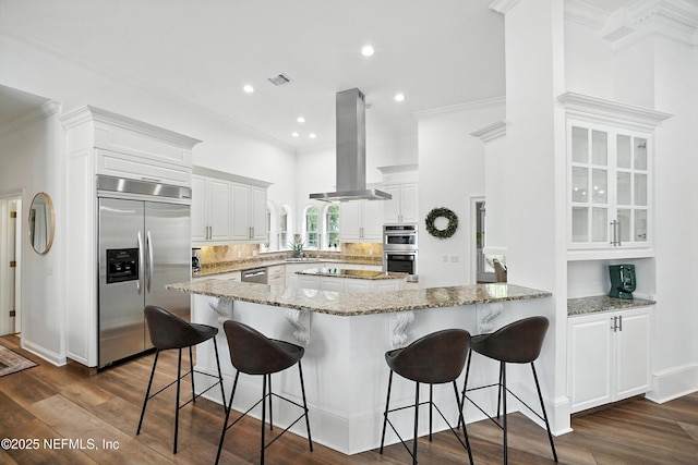 24237 Marsh Landing Pkwy, Ponte Vedra Beach, FL 32082 - kitchen with appliances with stainless steel finishes, island exhaust hood, ornamental molding, dark wood-style flooring, and white cabinetry