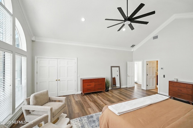 24237 Marsh Landing Pkwy, Ponte Vedra Beach, FL 32082 - bedroom featuring high vaulted ceiling, wood finished floors, crown molding, recessed lighting, and a ceiling fan