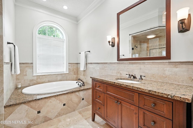 24237 Marsh Landing Pkwy, Ponte Vedra Beach, FL 32082 - full bath featuring vanity, ornamental molding, a bath, a wainscoted wall, and recessed lighting