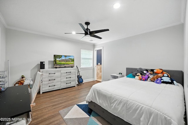 24237 Marsh Landing Pkwy, Ponte Vedra Beach, FL 32082 - bedroom featuring ornamental molding, wood finished floors, recessed lighting, a ceiling fan, and ensuite bath