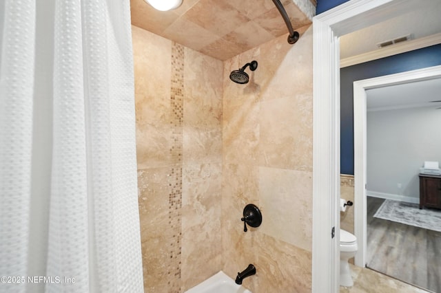 24237 Marsh Landing Pkwy, Ponte Vedra Beach, FL 32082 - bathroom featuring shower / bathtub combination with curtain and wood finished floors
