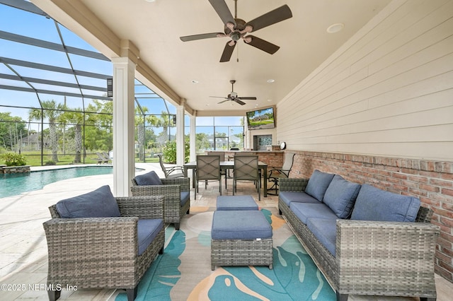 24237 Marsh Landing Pkwy, Ponte Vedra Beach, FL 32082 - view of patio / terrace with an outdoor hangout area, ceiling fan, an outdoor pool, and glass enclosure