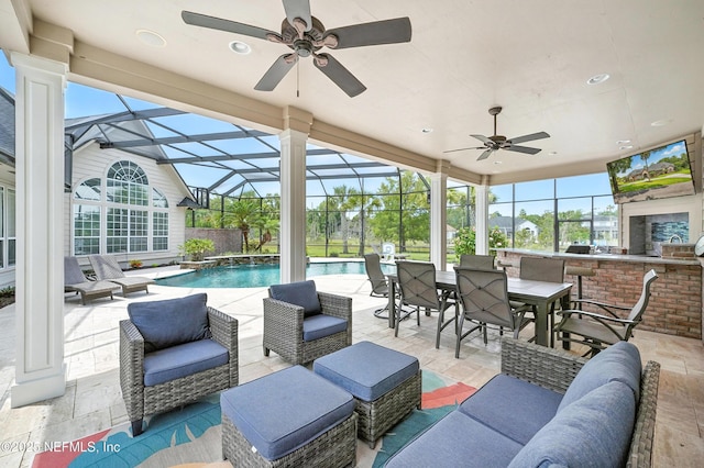 24237 Marsh Landing Pkwy, Ponte Vedra Beach, FL 32082 - view of patio / terrace with a ceiling fan, an outdoor pool, exterior bar, an outdoor living space, and glass enclosure