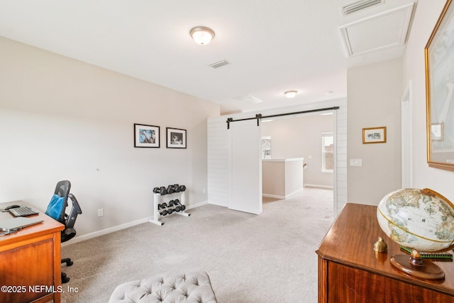 148 Ancient Island Dr, Saint Augustine, FL 32080 - carpeted home office with a barn door and baseboards