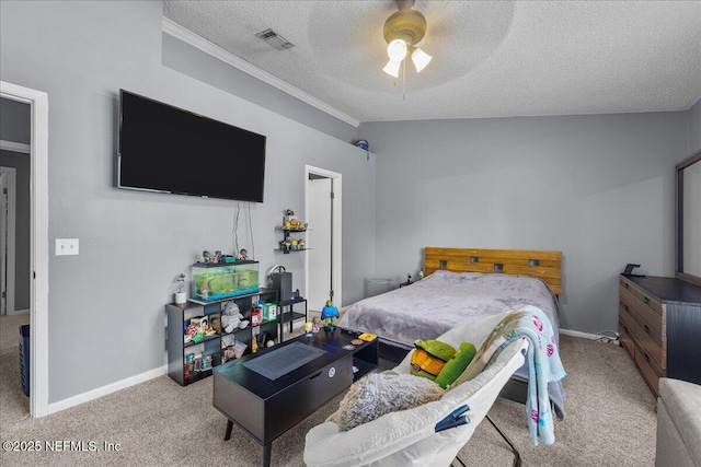 7632 Rain Forest Dr W, Jacksonville, FL 32277 - carpeted bedroom featuring a textured ceiling, ornamental molding, and ceiling fan