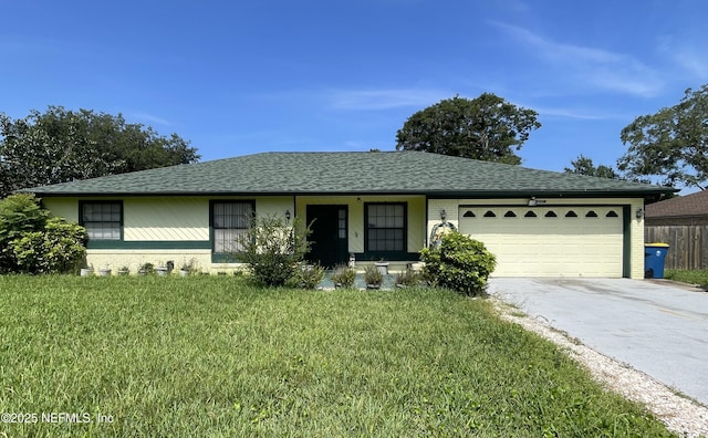1038 Celebrant Dr, Jacksonville, FL 32225 - ranch-style home with brick siding, concrete driveway, an attached garage, and a shingled roof