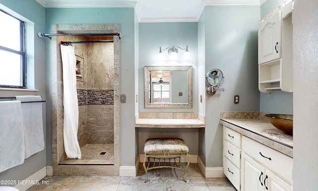 5110 Janice Cir E, Jacksonville, FL 32210 - bathroom featuring crown molding, a tile shower, and vanity