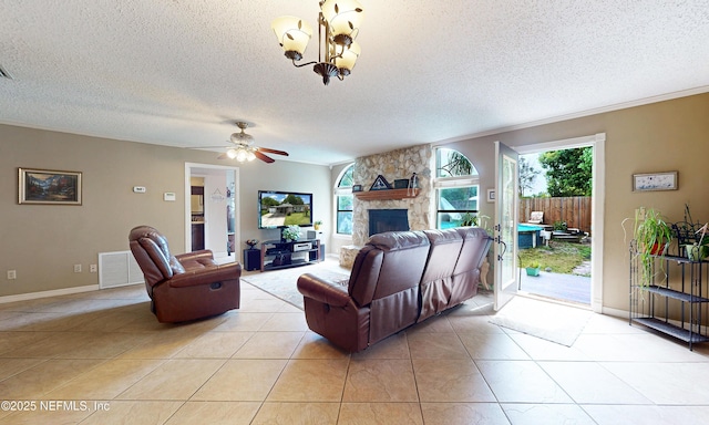 5110 Janice Cir E, Jacksonville, FL 32210 - living area featuring a fireplace, a chandelier, light tile patterned floors, a textured ceiling, and ceiling fan