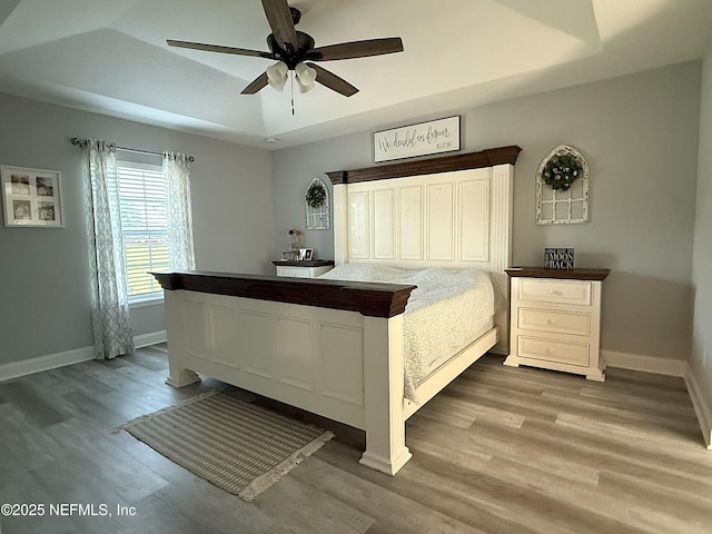 51321 Bloomington Way, Callahan, FL 32011 - bedroom featuring a tray ceiling, wood finished floors, and ceiling fan