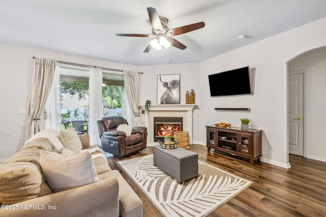1020 Candlebark Dr, Jacksonville, FL 32225 - living room with arched walkways, wood finished floors, a ceiling fan, and a glass covered fireplace
