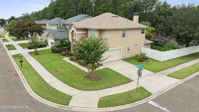 1020 Candlebark Dr, Jacksonville, FL 32225 - view of side of property featuring driveway, an attached garage, a chimney, stucco siding, and a shingled roof