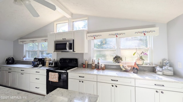 3822 County Road 220, Middleburg, FL 32068 - kitchen featuring stainless steel microwave, black electric range oven, light stone countertops, white cabinetry, and a textured ceiling