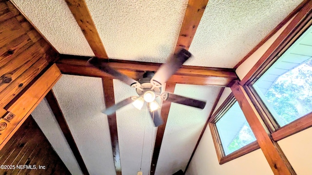 3822 County Road 220, Middleburg, FL 32068 - detailed view of beam ceiling, a ceiling fan, and a textured ceiling