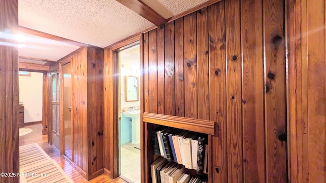 3822 County Road 220, Middleburg, FL 32068 - hall featuring wood walls, a textured ceiling, and light wood-style floors