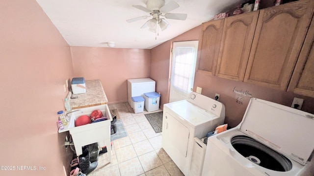 3822 County Road 220, Middleburg, FL 32068 - laundry room featuring washer and clothes dryer, cabinet space, a ceiling fan, and light tile patterned floors