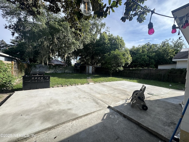 8300 Berry, Jacksonville, FL 32211 - fenced backyard featuring a patio, a shed, and a grill