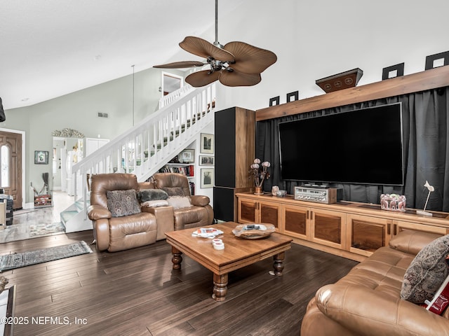 335 Sunrise Cir, Neptune Beach, FL 32266 - living area with stairs, high vaulted ceiling, ceiling fan, and wood finished floors