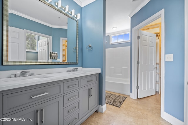 4000 Grande Vista Blvd Unit 15-106, Saint Augustine, FL 32084 - bathroom featuring double vanity, crown molding, tile patterned flooring, and bathing tub / shower combination