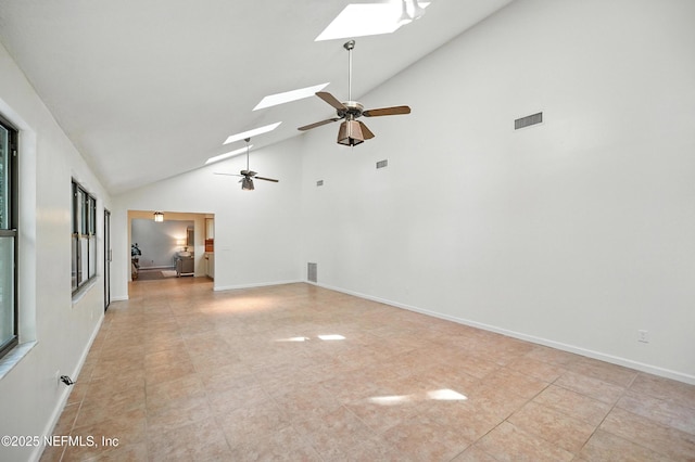 1918 Oak Cir, Atlantic Beach, FL 32233 - unfurnished living room with a skylight, a ceiling fan, and high vaulted ceiling