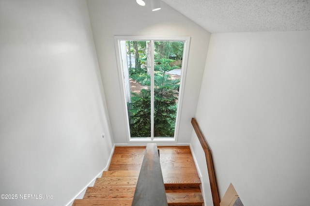 1918 Oak Cir, Atlantic Beach, FL 32233 - staircase with wood finished floors, a textured ceiling, and vaulted ceiling