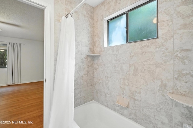 1918 Oak Cir, Atlantic Beach, FL 32233 - full bathroom with shower / tub combo with curtain and wood finished floors