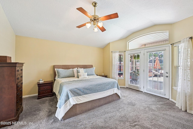 1400 Gibralter Ln, Fleming Island, FL 32003 - carpeted bedroom with access to exterior, lofted ceiling, a ceiling fan, and a textured ceiling