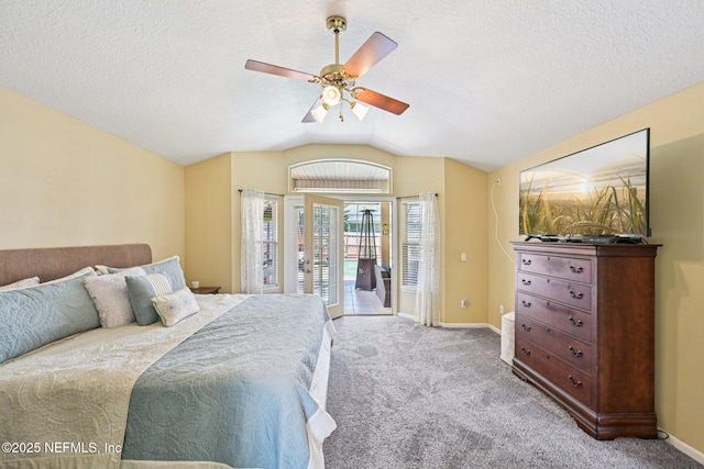 1400 Gibralter Ln, Fleming Island, FL 32003 - bedroom with access to exterior, carpet flooring, lofted ceiling, ceiling fan, and a textured ceiling