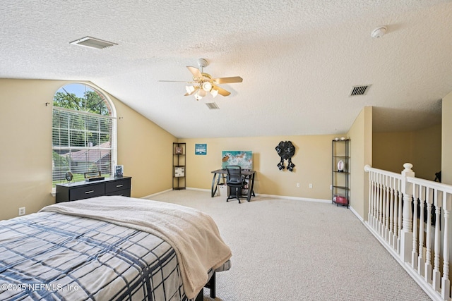 1400 Gibralter Ln, Fleming Island, FL 32003 - bedroom featuring vaulted ceiling, a textured ceiling, light colored carpet, and ceiling fan