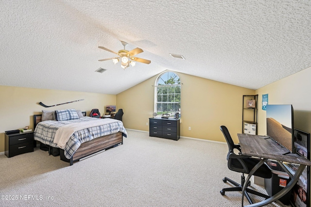 1400 Gibralter Ln, Fleming Island, FL 32003 - carpeted bedroom with vaulted ceiling, an office area, a ceiling fan, and a textured ceiling
