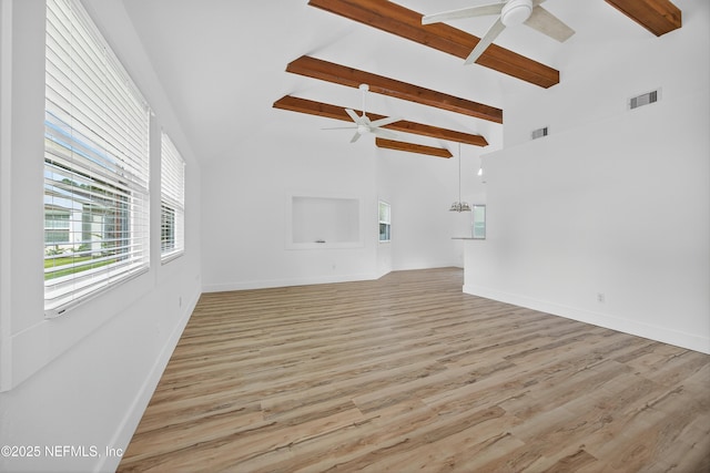 15 Katrina Pl, Palm Coast, FL 32164 - unfurnished living room with a ceiling fan, plenty of natural light, beamed ceiling, light wood-type flooring, and high vaulted ceiling