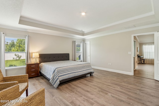83316 Chapel Ct, Fernandina Beach, FL 32034 - bedroom featuring a tray ceiling, multiple windows, light wood finished floors, and crown molding