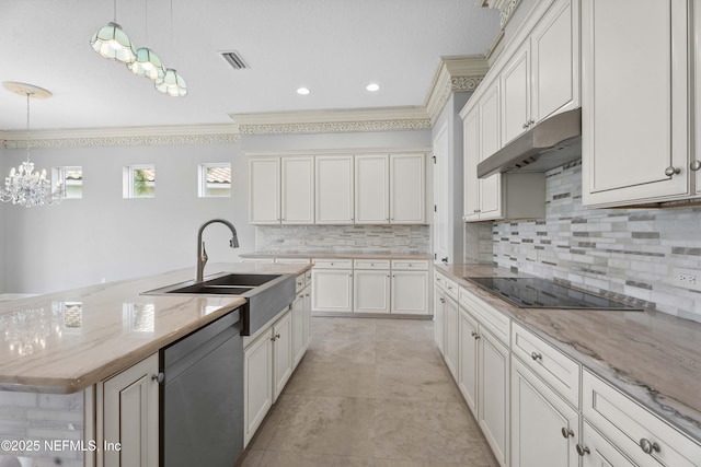 2936 Brettungar Dr, Jacksonville, FL 32246 - kitchen featuring dishwasher, under cabinet range hood, black electric stovetop, ornamental molding, and hanging light fixtures