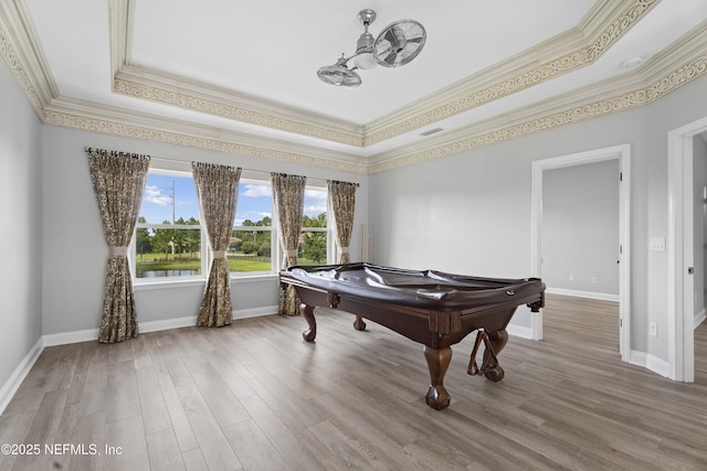 2936 Brettungar Dr, Jacksonville, FL 32246 - rec room featuring a raised ceiling, ornamental molding, wood finished floors, and billiards table