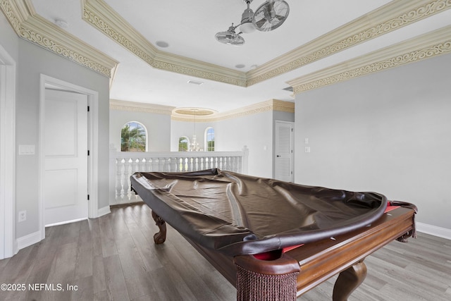 2936 Brettungar Dr, Jacksonville, FL 32246 - game room featuring wood finished floors, pool table, crown molding, a tray ceiling, and a chandelier