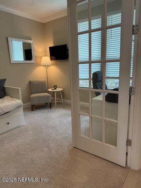 296 Latrobe Ave, Saint Augustine, FL 32095 - carpeted living area featuring crown molding and baseboards