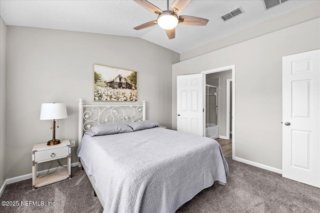 1515 Landau Rd, Jacksonville, FL 32225 - bedroom with carpet flooring, vaulted ceiling, connected bathroom, and ceiling fan