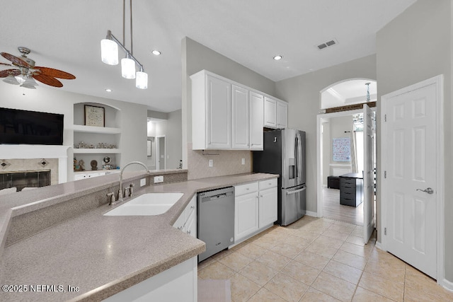 1728 Dartmoor Ln, Ponte Vedra, FL 32081 - kitchen with appliances with stainless steel finishes, a ceiling fan, light countertops, light tile patterned floors, and recessed lighting