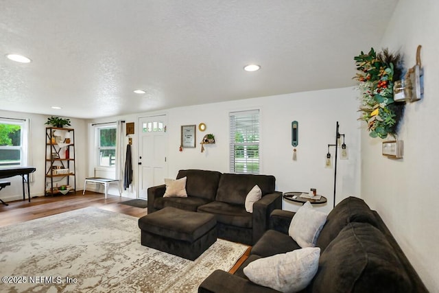 8360 Mudlake Rd, Macclenny, FL 32063 - living room with recessed lighting, dark wood-style flooring, plenty of natural light, and a textured ceiling