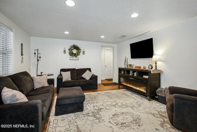 8360 Mudlake Rd, Macclenny, FL 32063 - living room featuring wood finished floors, recessed lighting, a textured ceiling, and a glass covered fireplace